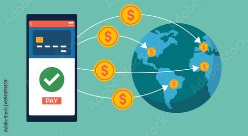 Cross-Border Money Transfer to Global with Digital Wallet and Mobile Banking App Gateway Platform, Vector Flat Illustration Design photo