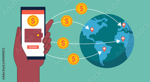 Cross-Border Money Transfer to Global with Hand holding Digital Wallet and Mobile Banking App Gateway Platform, Vector Flat Illustration Design