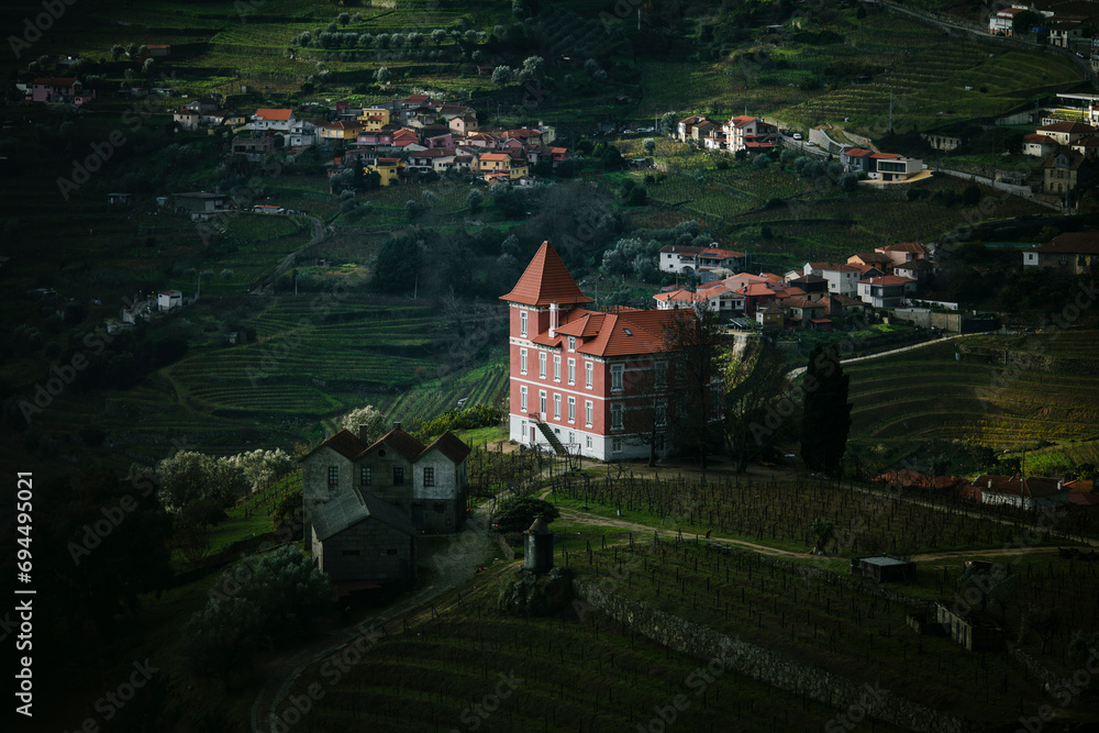View of a Portuguese village with vineyards in the hills of the Douro Valley.