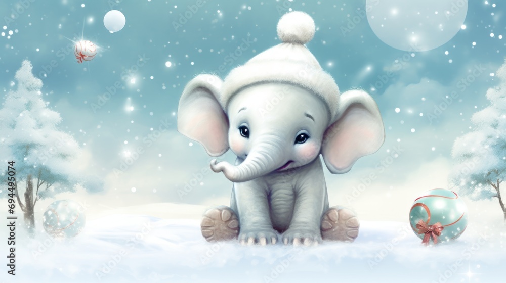 a painting of an elephant sitting in the snow with a christmas ornament in the foreground and a christmas ornament in the background. a painting of an elephant sitting in the snow with a christmas ornament in the foreground and a christmas ornament in the background.