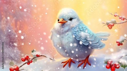 a painting of a blue bird perched on a branch of a tree in the snow with berries on the branch. © Anna