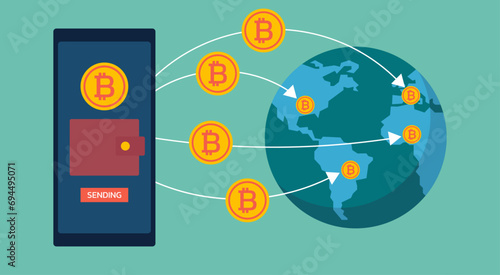 Cross-Border Money Transfer to Global with Digital Crypto Wallet and Bitcoin App Gateway Platform, Vector Flat Illustration Design photo