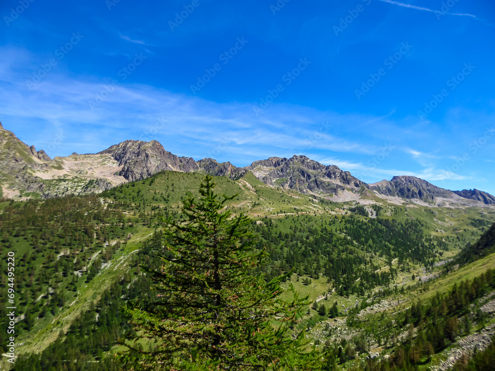 Scenic view of the mountain range near Santuario Sant'Anna di Vinadio in provincia di Cuneo, Piemonte, Italy, Europe. Hiking trails in the Italian Alps. Tranquil atmosphere high up. Wanderlust