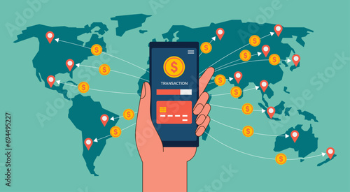 International Financial Freedom Concept, The Digital Platform Revolutionizing Cross-Border Money Transfer with Human Holding Phone, Vector Flat Illustration Design