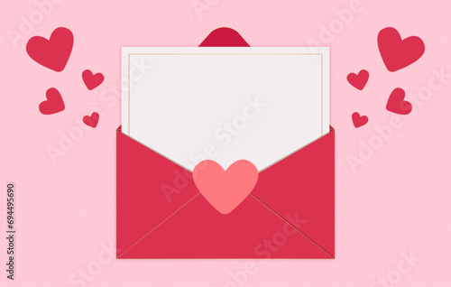Envelope and red hearts on pink holiday vector background top view. Various red hearts for love romantic message in envelope. Flat lay composition.