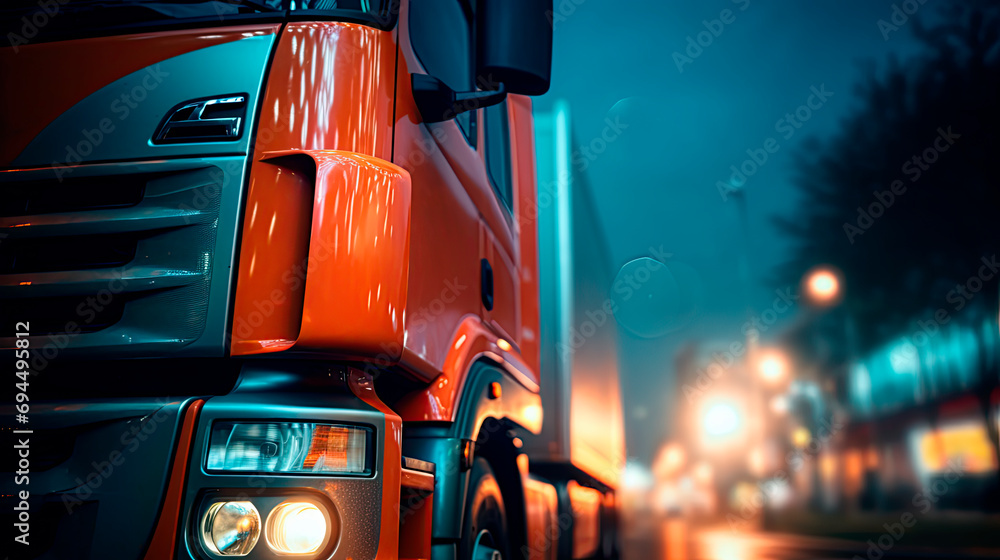 Close-up of a cargo truck on the road.
Close-up of a cargo truck on the road.