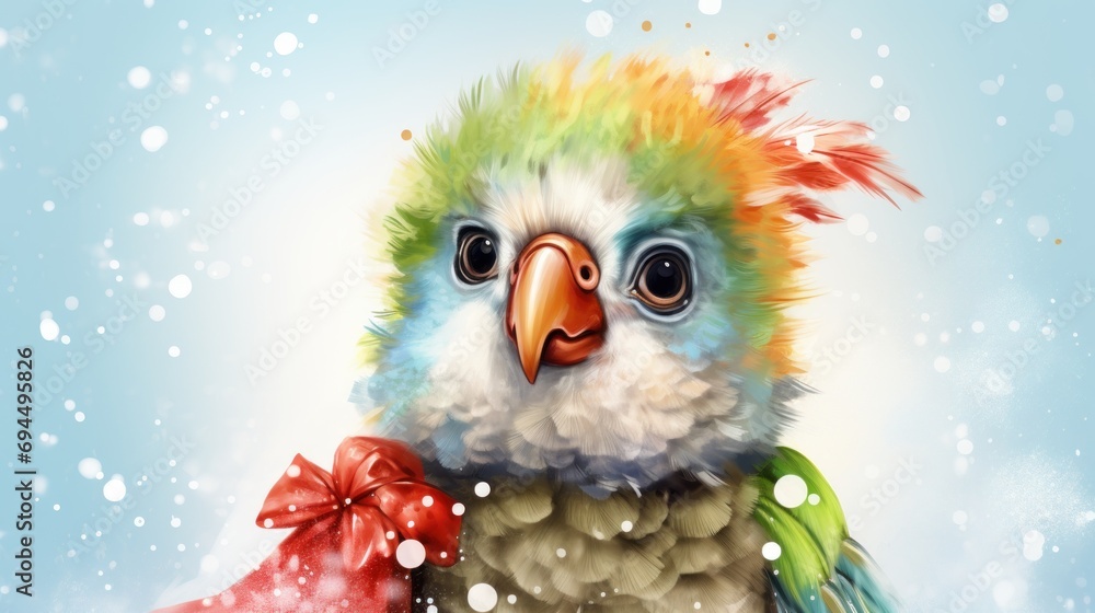 a painting of a colorful bird with a red ribbon around it's neck and a bow around its neck. a painting of a colorful bird with a red ribbon around it's neck and a bow around its neck.