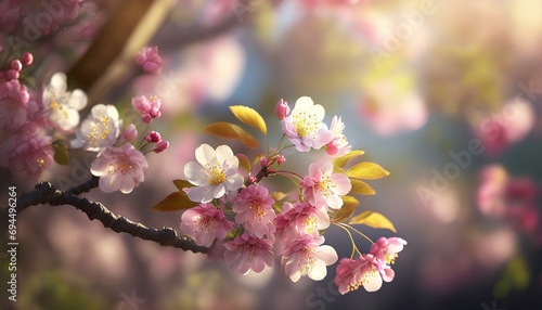 A close-up of pink cherry blossoms with a blurred background, highlighting the flowers’ delicate petals and stamens. photo