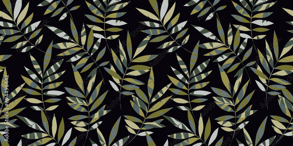 Leaves Seamless Vector Pattern. Watercolor Tropic Palm Leaves Background, Jungle Print