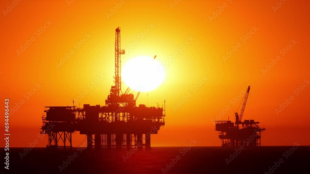 Sun setting behind two offshore oil platform off the coast of California Sun setting behind two offshore oil platform off the coast of California