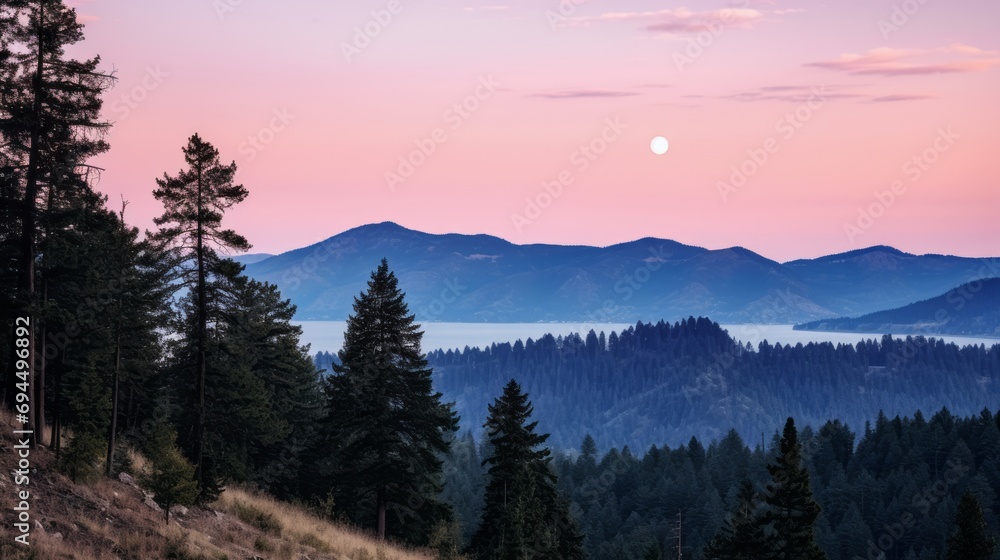 Pastel glow over forested mountains