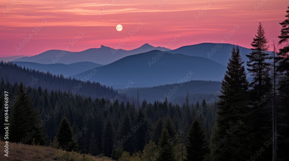 Pastel glow over forested mountains