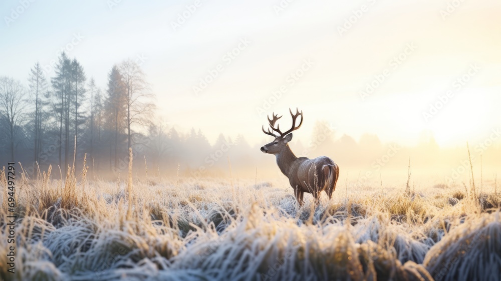 Obraz premium Moose on a cold morning meadow