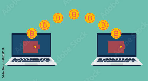 Bitcoin Transfer Platform on Laptop with Digital Wallet Concept, Vector Flat Illustration Design