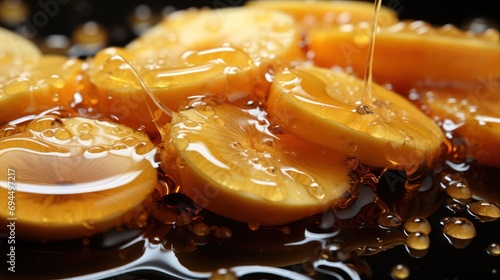  a pile of sliced bananas sitting on top of a table covered in honey syrup and honey syrup being poured on them.