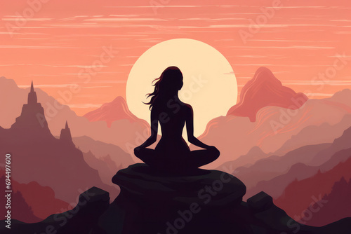 An illustration of a silhouette of a woman meditating on a mountaintop during sunset. The serene landscape reveals a gradient sky and layers of distant mountains. photo