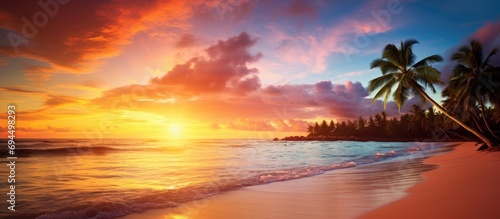 Exotic tropical beach with romantic sunset, perfect for a vacation.