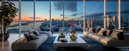 Interior design of modern spacious penthouse with large windows and beautiful view.