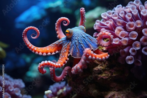 An octopus among coral reefs, the beauty and mystery of the underwater world. An octopus among corals, a unique creation of the underwater world © Yliya