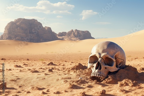 Bleached Human skull in desert. Dead head. Generate Ai