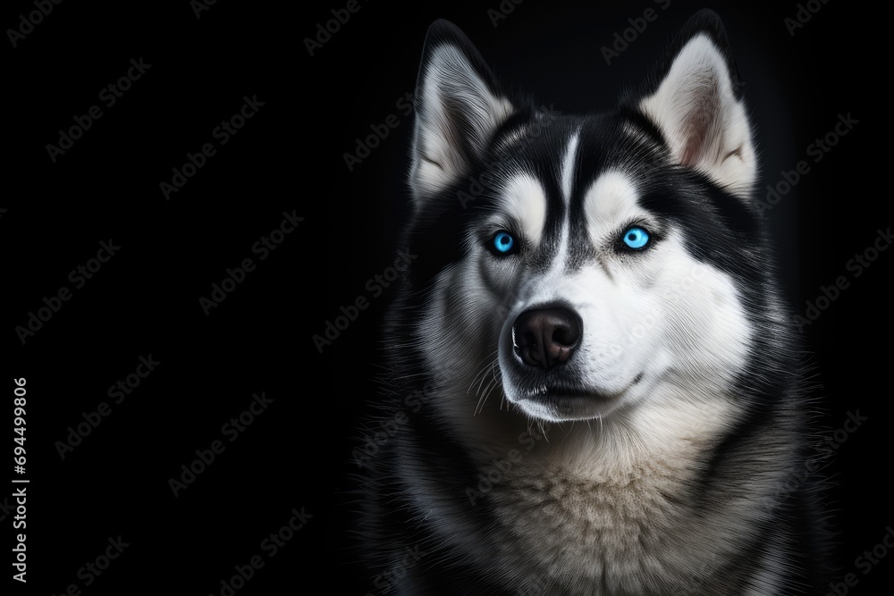 Obraz premium Siberian Husky dog with blue eyes on black background. Copy space for text.