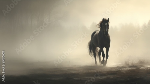  a horse running through a field on a foggy day with trees in the background in the distance is the sun shining through the fog.