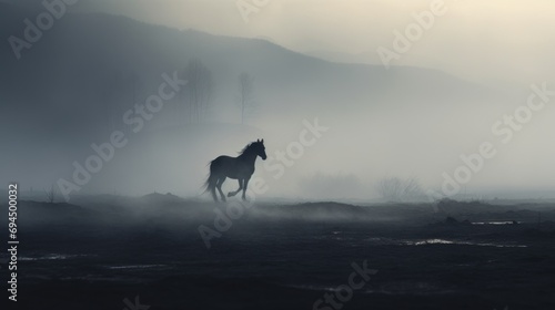  a black and white photo of a horse running through a foggy field with mountains in the distance in the distance.