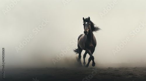  a horse running through a foggy field with it's front legs in the air and it's rear legs in the air. photo