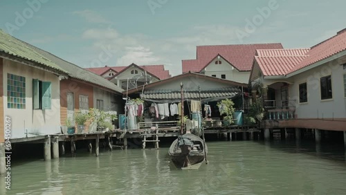island life view with boats floating house fishing