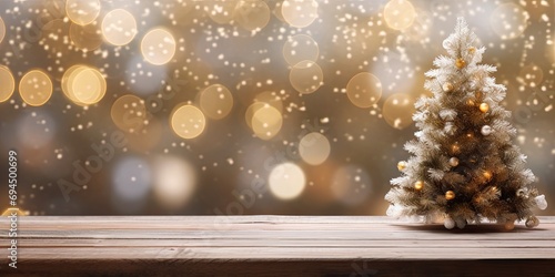 Bokeh Christmas tree backdrop with snowy wood table - great for product display or montage.