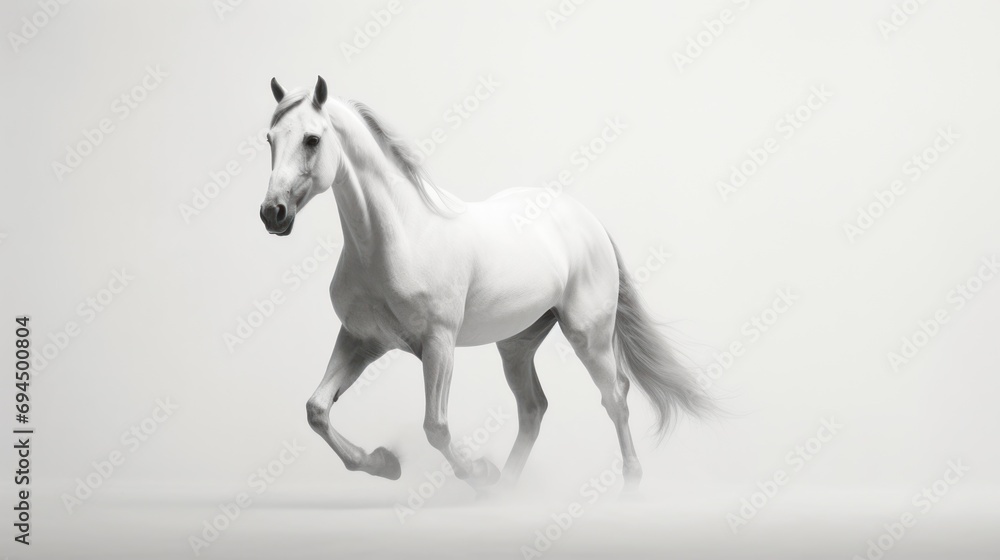  a white horse is galloping on a foggy day in a black and white photo with a white background.