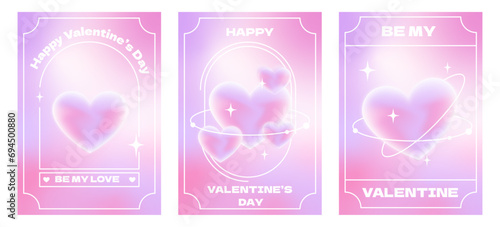 Set of Happy Valentine's Day posters in trendy y2k style. Modern typography and trendy gradient covers with blurred hearts and frames.Design for greeting card, banner, cover or flyer.Vector 