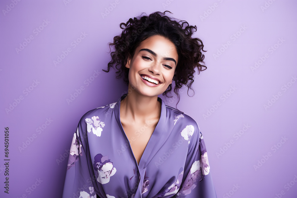 Jeune femme brune souriante avec un kimono fleuri sur fond violet Jeune femme brune souriante avec un kimono fleuri sur fond violet