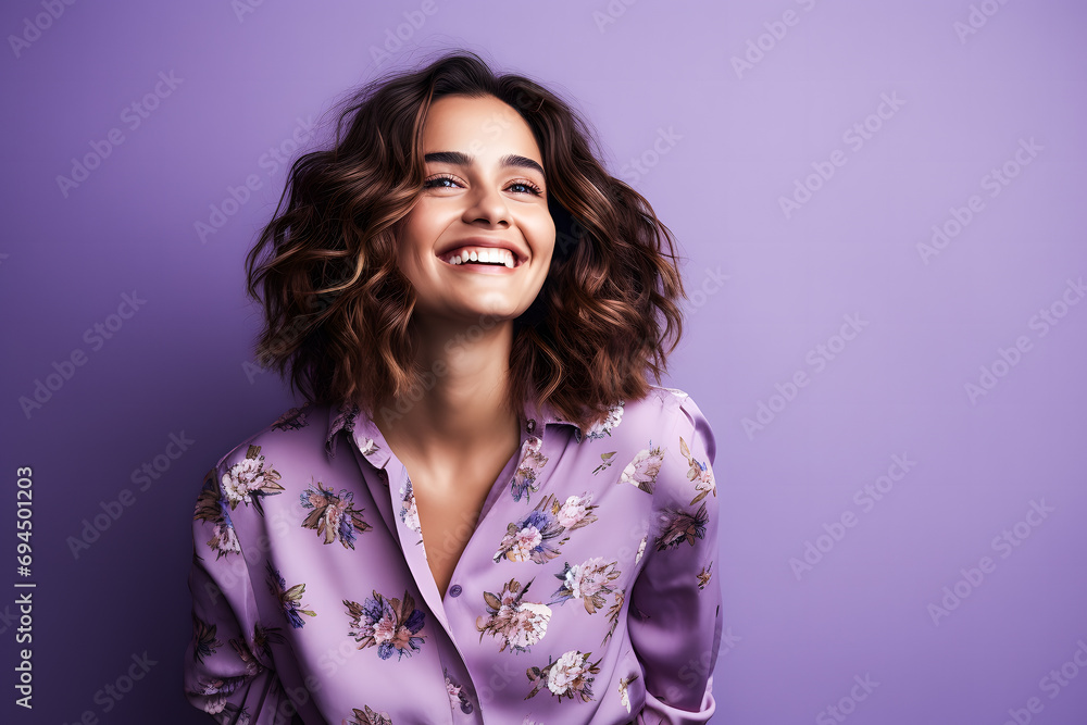 Jeune femme brune souriante avec un chemisier fleuri sur fond violet Jeune femme brune souriante avec un chemisier fleuri sur fond violet