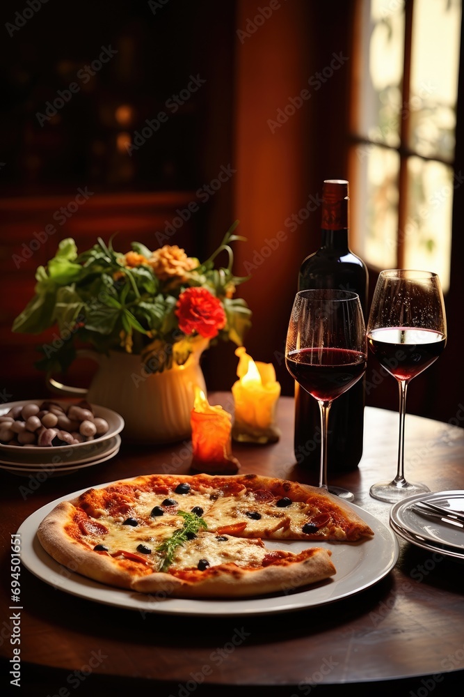 Tasty Italian dinner scene with pizza, pasta, and wine, leaving room for text