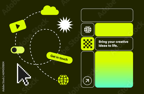  Pixels Y2k trendy playful stickers. Template for UI, digital screen. Flat web icons abstract. Trendy Geometric Brutalism UI. Yellow neon elements. Retro Pixels elements in the mood of 90's aesthetics