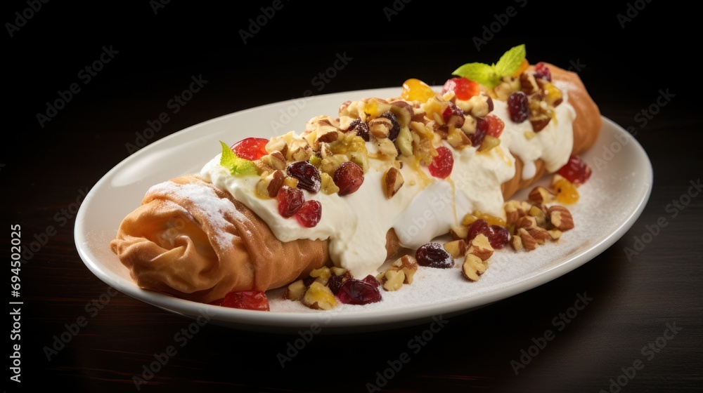 a white plate topped with a pastry covered in fruit and nuts and topped with whipped cream and a drizzle of icing. a white plate topped with a pastry covered in fruit and nuts and topped with whipped cream and a drizzle of icing.