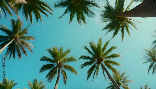 Tall royal palm trees looking up from below against bright blue tropical sky, summer background, vintage style, travel concept

