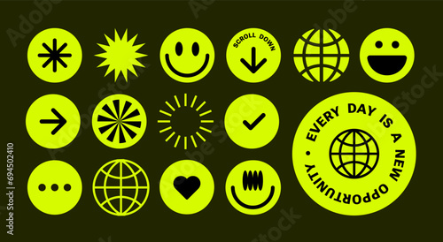  Pixels Y2k trendy playful stickers. abstract. shapes. Yellow neon. Retro elements in the mood of 90's aesthetics. illustration. emoji