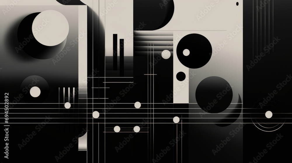 Abstract background made of minimal geometric shapes. Decorative black and white color combination. Solid creative shapes.
