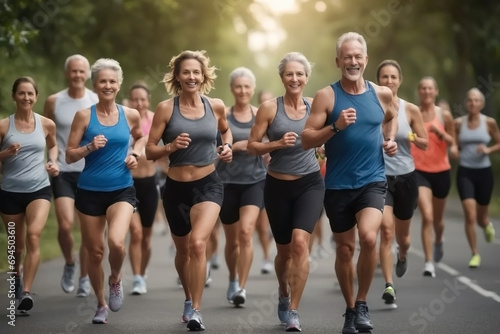 Group of retired men and women, practicing running together in a park.
