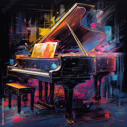 Cyberpunk Aesthetics: Neon Circuitry Piano Painting in Vivid Colors
