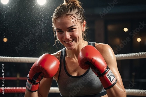 Smiling female fighter, practices boxing with fighting gloves in the gym.