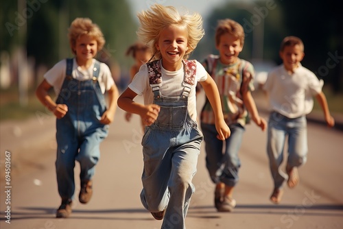 Happy children engaging in outdoor play with classic 90s toys like jump ropes and sidewalk chalk photo