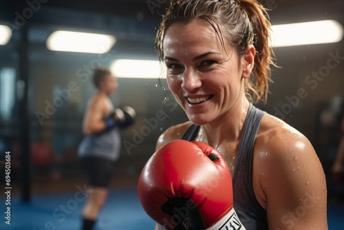 Smiling female fighter, practices boxing with fighting gloves in the gym. © Joaquin Corbalan