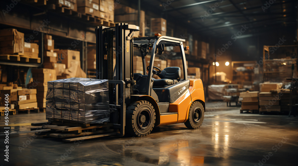 An Orange Forklift with Cargo at a Warehouse