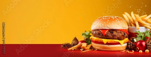 Christmas Day menu of burgers and fries on isolated background, festive Christmas and New Year theme, for posters and banners, banner mockup