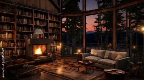 Cabin interior design with fireplace  bookcase and beautiful forest view  night