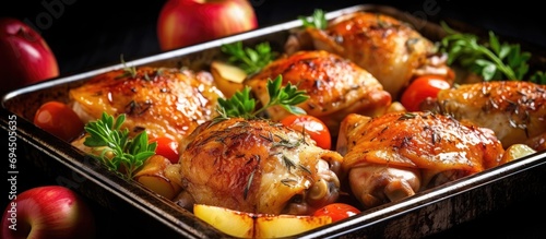 Close-up of oven-baked chicken thighs with apples in a tray. photo