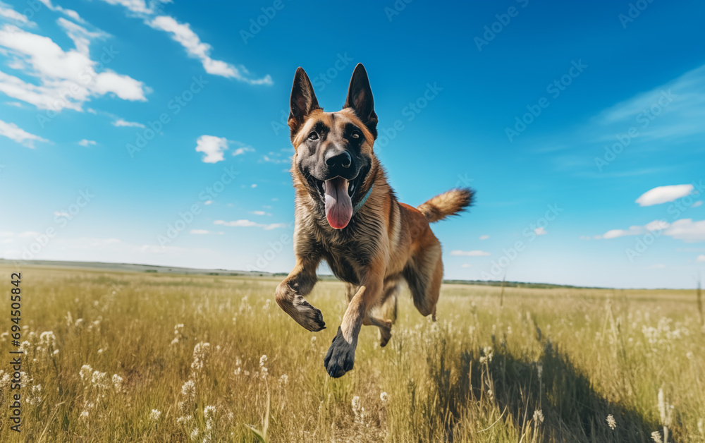 Un chien de race berger belge malinois courant dans un champ